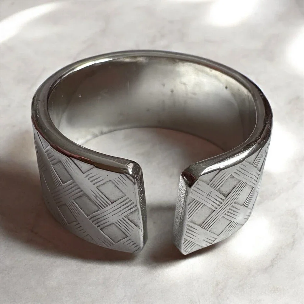 Men’s Wide Sterling Silver Plaid Textured Open Cuff Ring Cigar Band